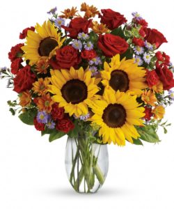 Pure happiness is what this pretty bouquet delivers - whether you're sending it for a fall birthday, Thanksgiving, thank you, or simply just because. Surely, no one can be in the presence of something so inherently happy and not smile.